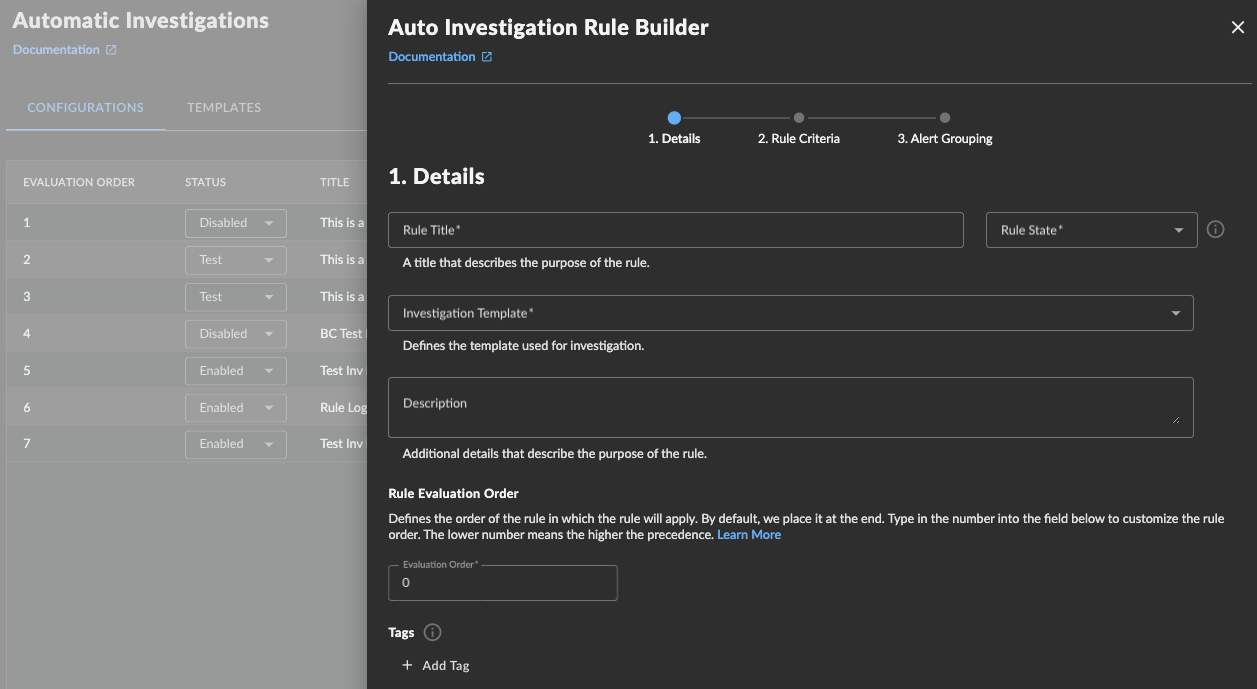 Auto Investigation Rule Builder Details