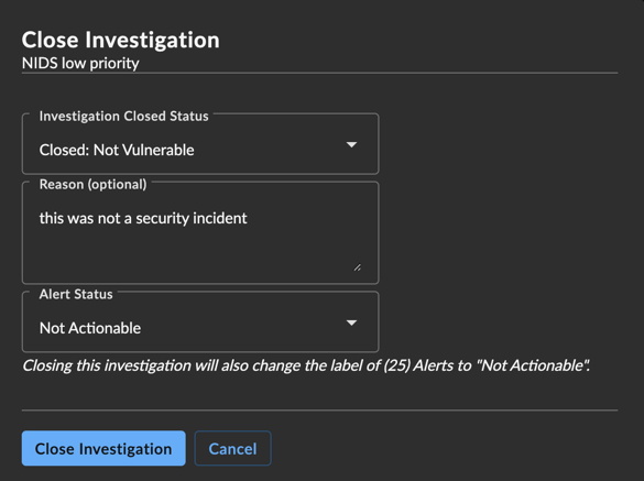Closing an Investigation and Labeling Alerts