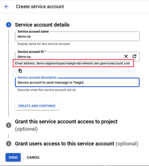 Enter Service Account Details
