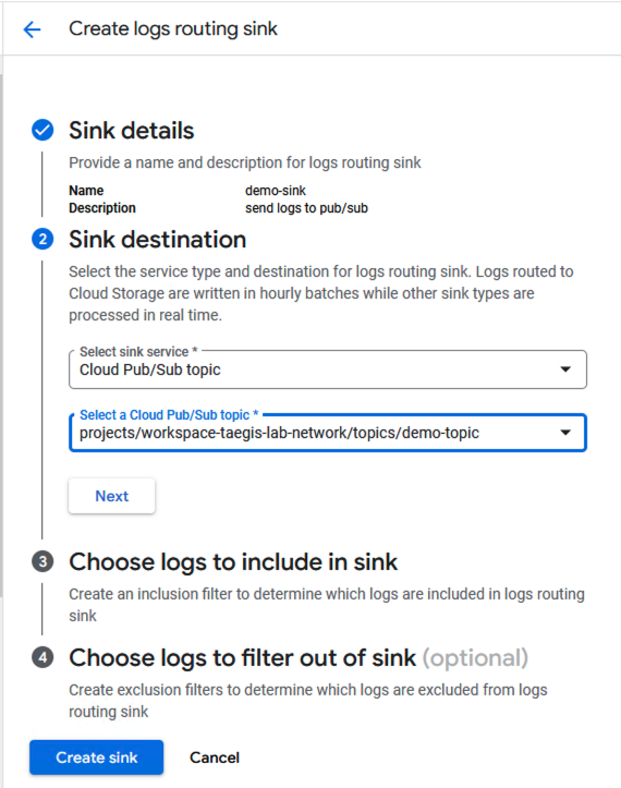 Select Sink Service Type and Pub/Sub Topic