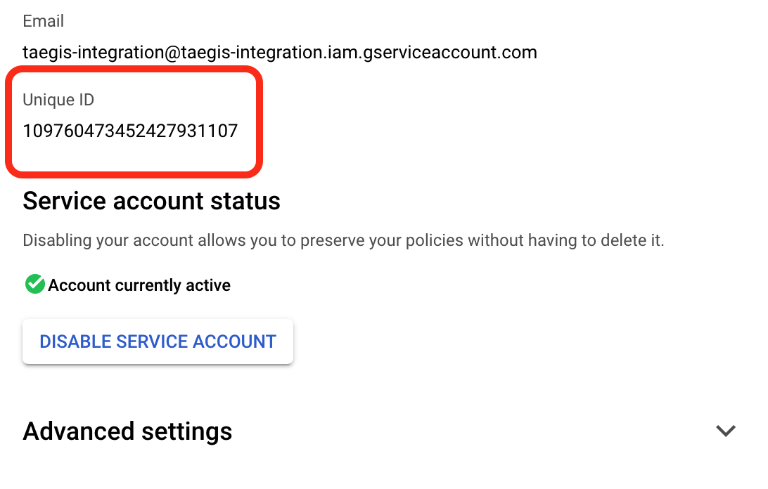 Google Service Account Unique ID