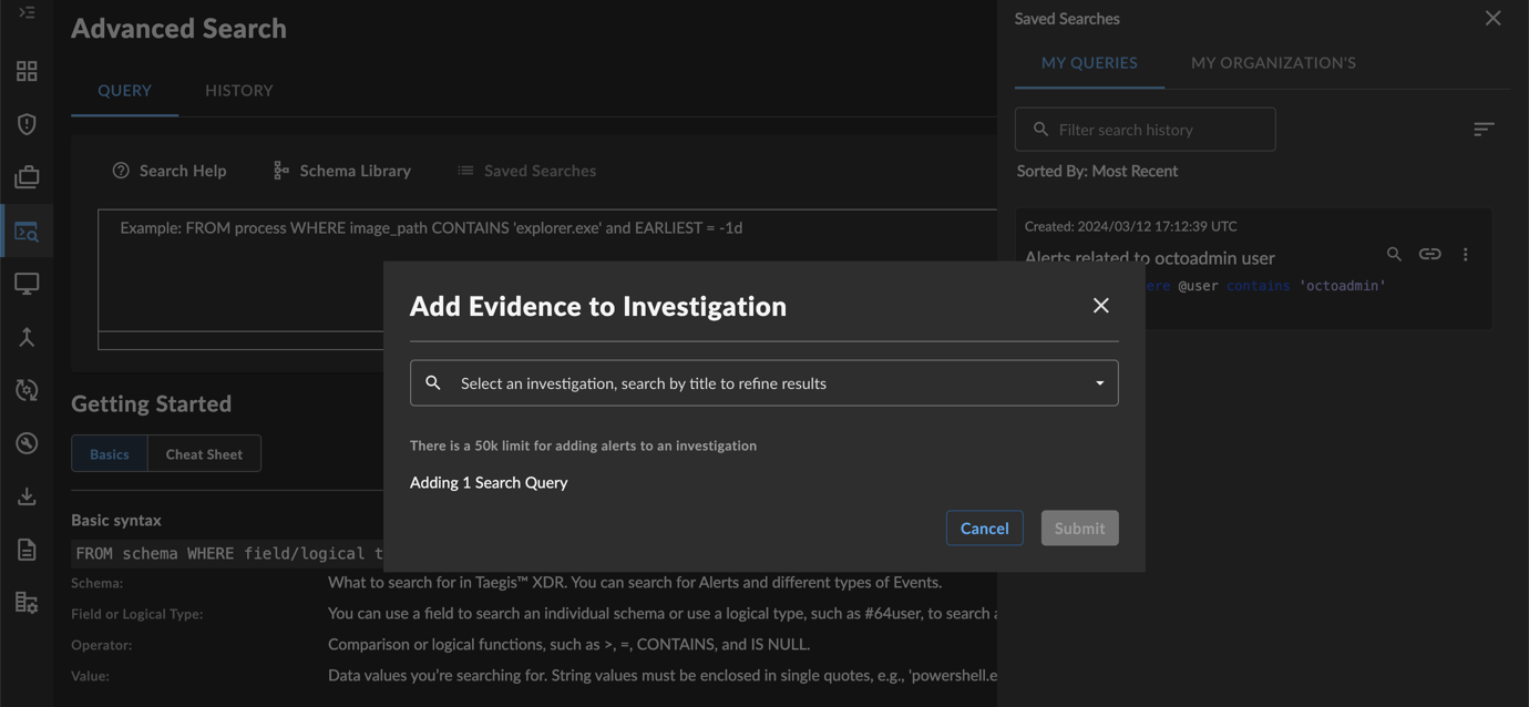 Add a Search Query to an Investigation